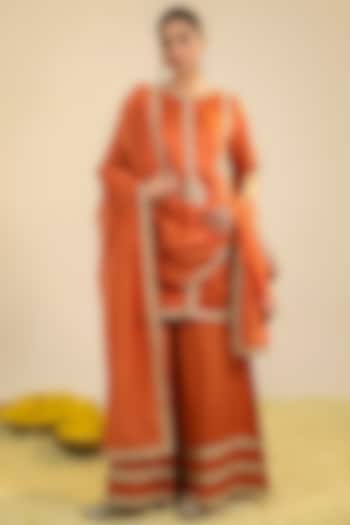  Rust Silk Satin Zari Embroidered Kurta Set by RoohbyRidhimaa at Pernia's Pop Up Shop