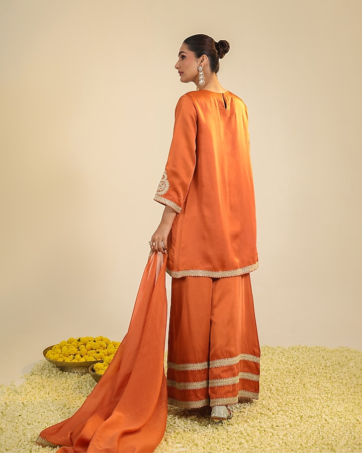 Rust Silk Satin Zari Embroidered Kurta Set by RoohbyRidhimaa at Pernia's Pop Up Shop