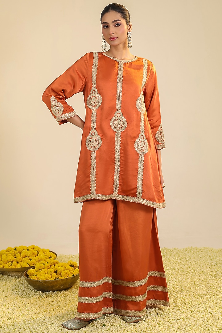 Rust Silk Satin Zari Embroidered Kurta Set by RoohbyRidhimaa at Pernia's Pop Up Shop