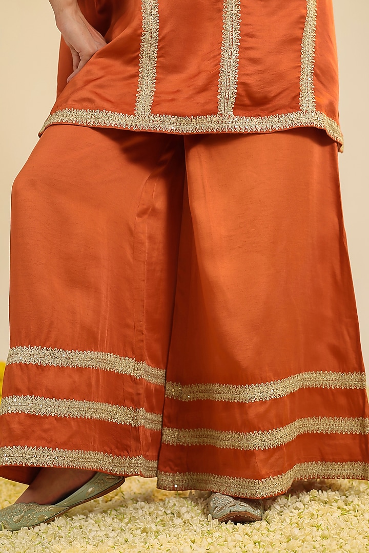 Rust Silk Satin Zari Embroidered Kurta Set by RoohbyRidhimaa at Pernia's Pop Up Shop
