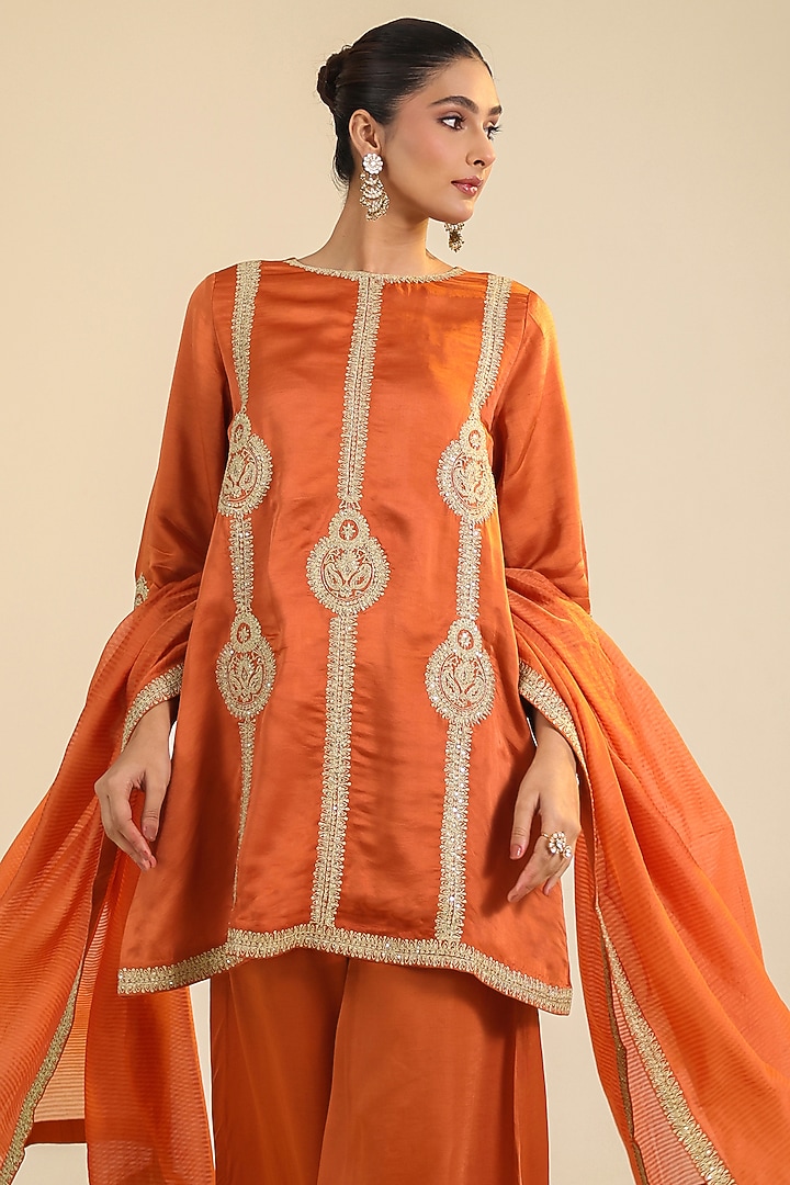 Rust Silk Satin Zari Embroidered Kurta Set by RoohbyRidhimaa at Pernia's Pop Up Shop
