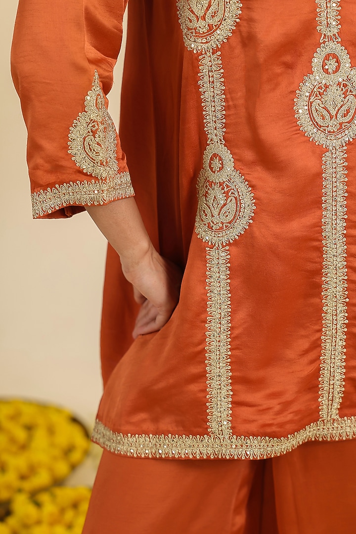 Rust Silk Satin Zari Embroidered Kurta Set by RoohbyRidhimaa at Pernia's Pop Up Shop