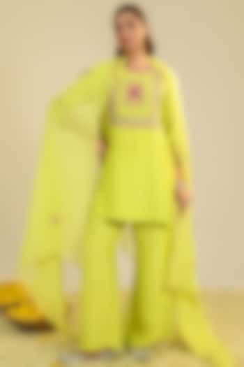 Yellow Silk Satin Motifs Embroidered Kurta Set by RoohbyRidhimaa at Pernia's Pop Up Shop