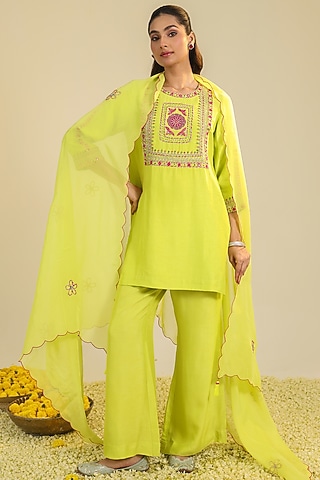 Yellow Silk Satin Motifs Embroidered Kurta Set by RoohbyRidhimaa