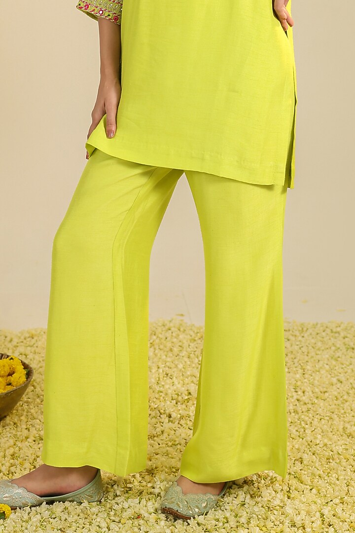 Yellow Silk Satin Motifs Embroidered Kurta Set by RoohbyRidhimaa at Pernia's Pop Up Shop