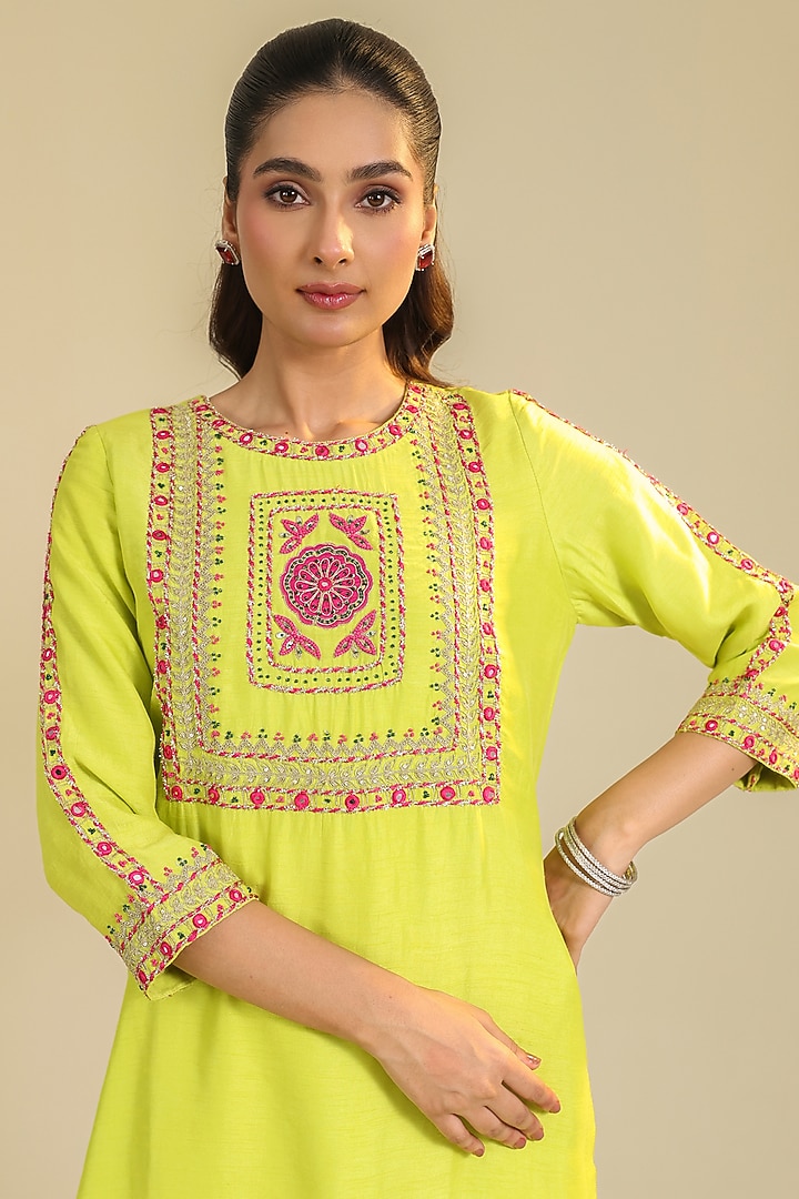 Yellow Silk Satin Motifs Embroidered Kurta Set by RoohbyRidhimaa at Pernia's Pop Up Shop