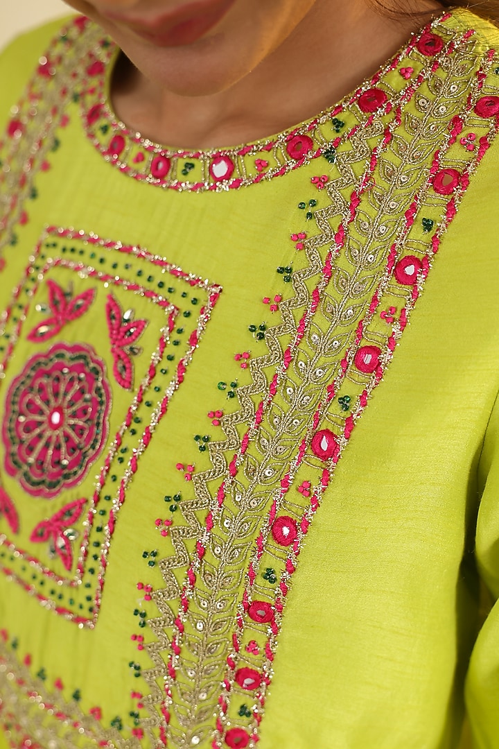 Yellow Silk Satin Motifs Embroidered Kurta Set by RoohbyRidhimaa at Pernia's Pop Up Shop
