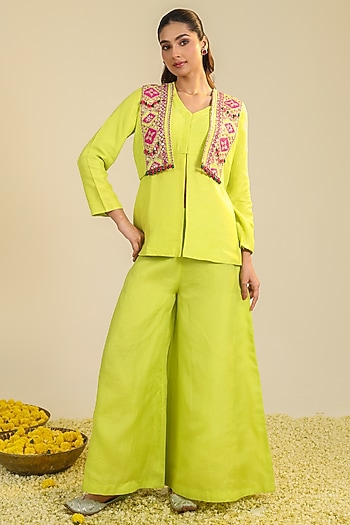 Yellow Silk Satin Thread Embroidered Co-Ord Set by RoohbyRidhimaa at Pernia's Pop Up Shop