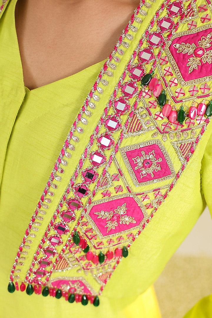 Yellow Silk Satin Thread Embroidered Co-Ord Set by RoohbyRidhimaa at Pernia's Pop Up Shop