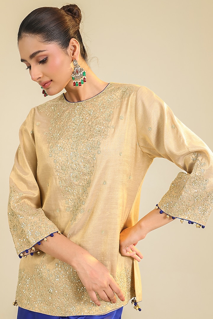 Golden Silk Zardosi Embroidered Short Kurta Set by RoohbyRidhimaa at Pernia's Pop Up Shop