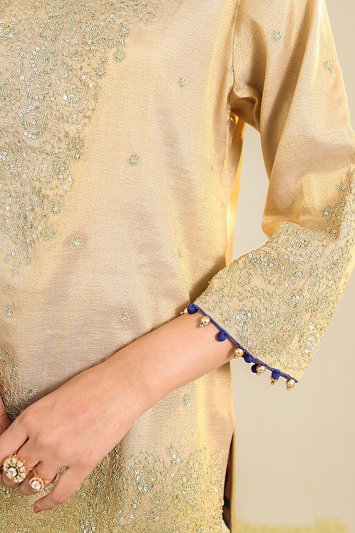 Golden Silk Zardosi Embroidered Short Kurta Set by RoohbyRidhimaa at Pernia's Pop Up Shop