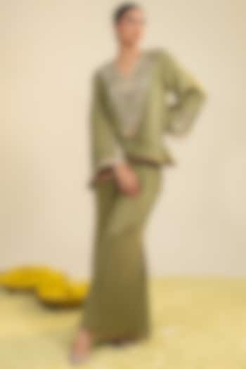 Olive Green Silk Satin Motif Embroidered Co-Ord Set by RoohbyRidhimaa at Pernia's Pop Up Shop