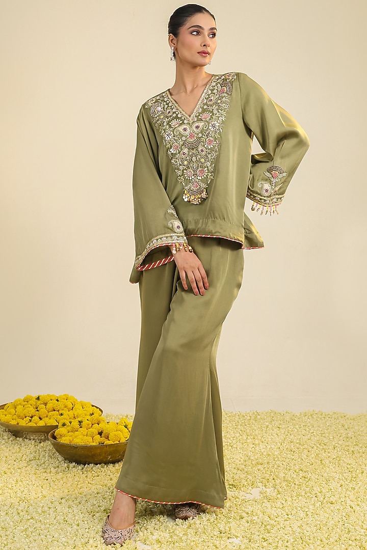 Olive Green Silk Satin Motif Embroidered Co-Ord Set by RoohbyRidhimaa at Pernia's Pop Up Shop