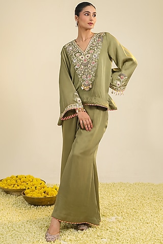 Olive Green Silk Satin Motif Embroidered Co-Ord Set by RoohbyRidhimaa