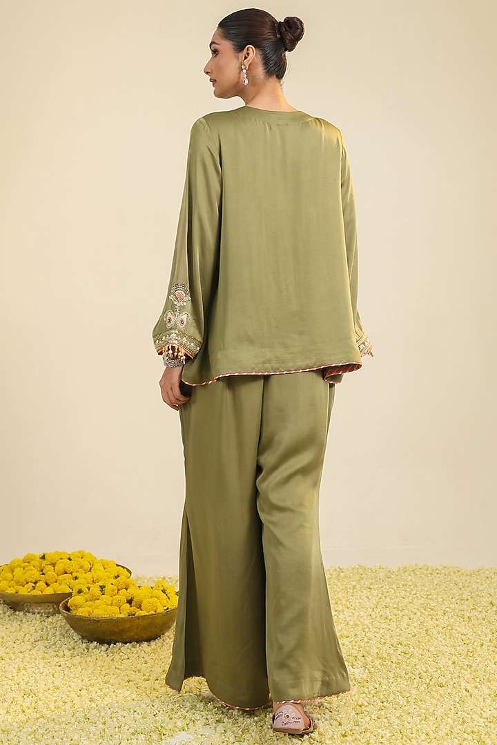 Olive Green Silk Satin Motif Embroidered Co-Ord Set by RoohbyRidhimaa at Pernia's Pop Up Shop