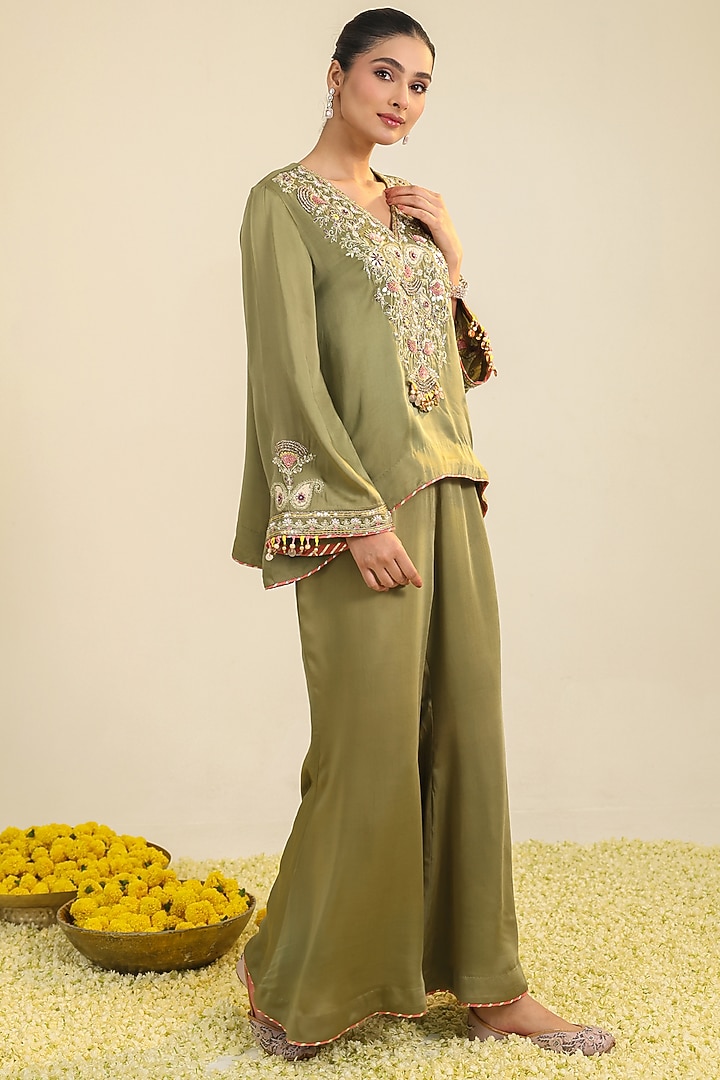 Olive Green Silk Satin Motif Embroidered Co-Ord Set by RoohbyRidhimaa at Pernia's Pop Up Shop