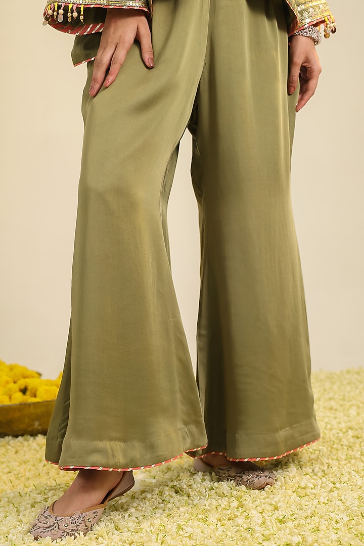 Olive Green Silk Satin Motif Embroidered Co-Ord Set by RoohbyRidhimaa at Pernia's Pop Up Shop