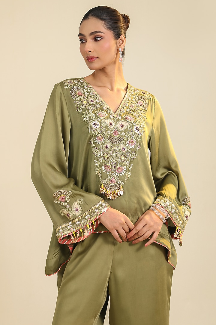 Olive Green Silk Satin Motif Embroidered Co-Ord Set by RoohbyRidhimaa at Pernia's Pop Up Shop