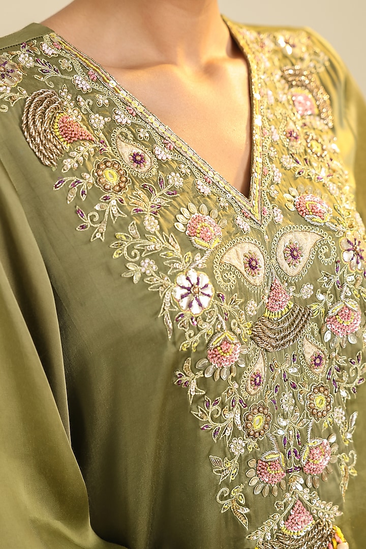 Olive Green Silk Satin Motif Embroidered Co-Ord Set by RoohbyRidhimaa at Pernia's Pop Up Shop