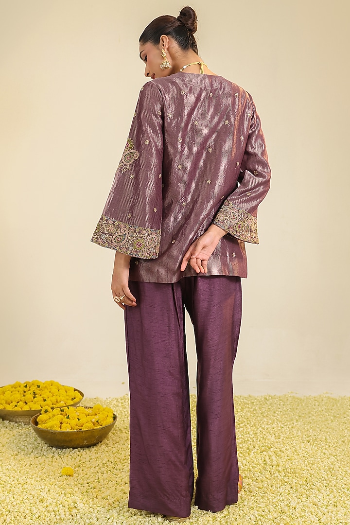 Plum Silk Chanderi Zari Embroidered Kurta Set by RoohbyRidhimaa at Pernia's Pop Up Shop