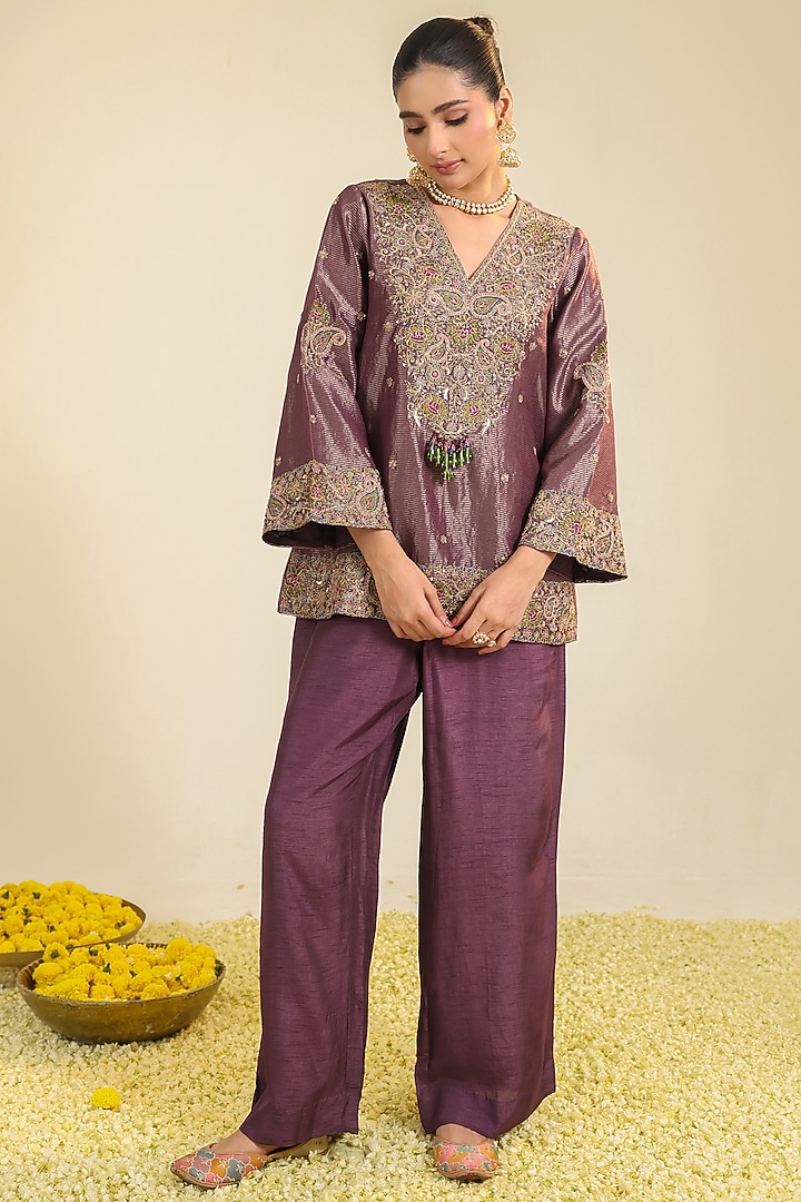 Plum Silk Chanderi Zari Embroidered Kurta Set by RoohbyRidhimaa at Pernia's Pop Up Shop