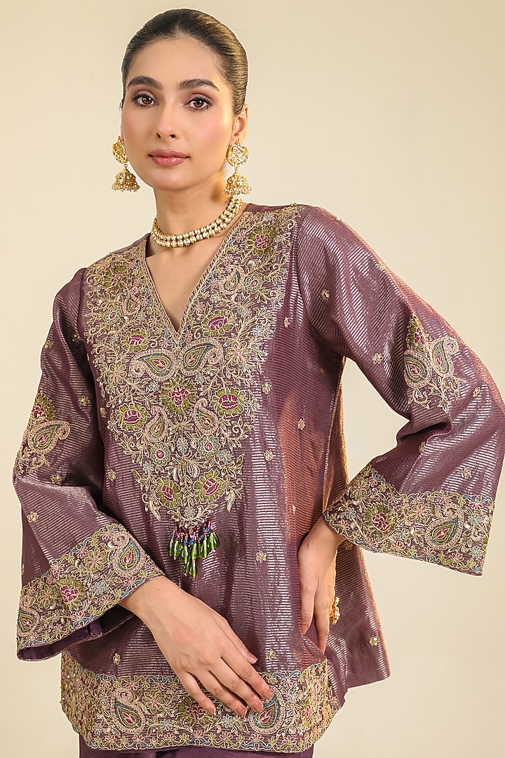 Plum Silk Chanderi Zari Embroidered Kurta Set by RoohbyRidhimaa at Pernia's Pop Up Shop