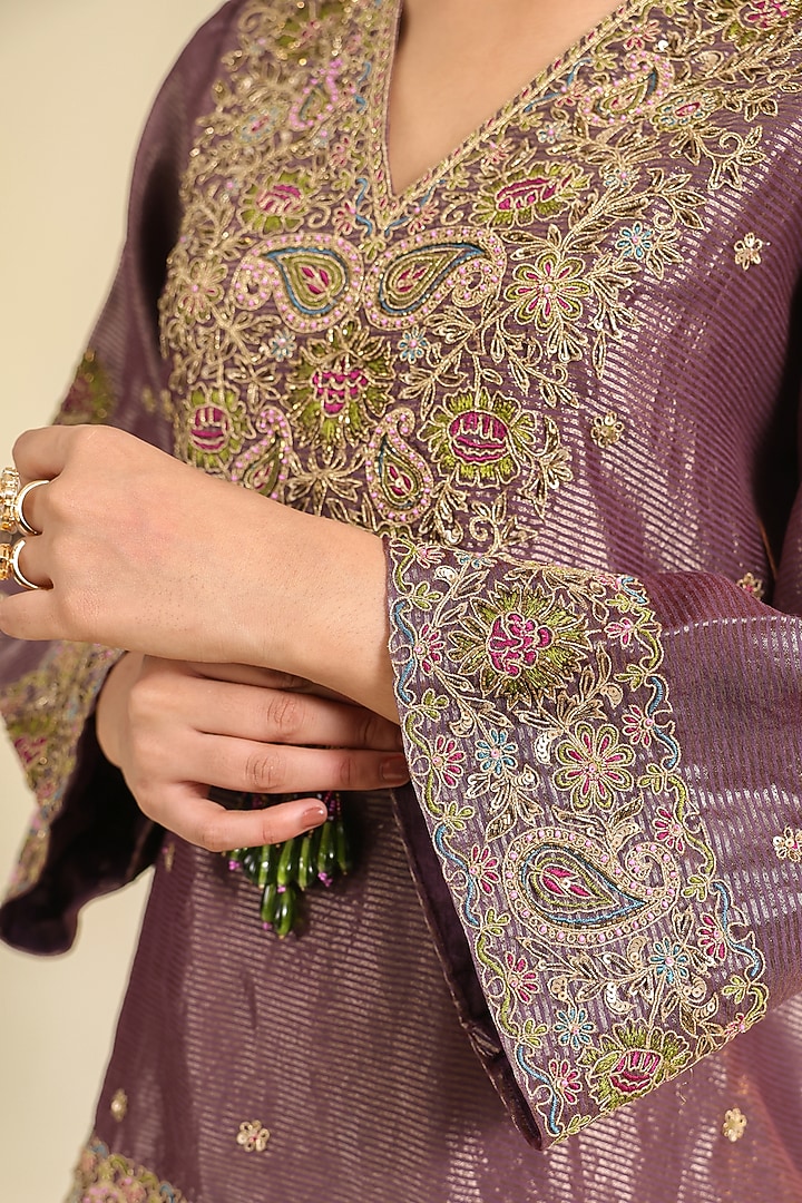 Plum Silk Chanderi Zari Embroidered Kurta Set by RoohbyRidhimaa at Pernia's Pop Up Shop