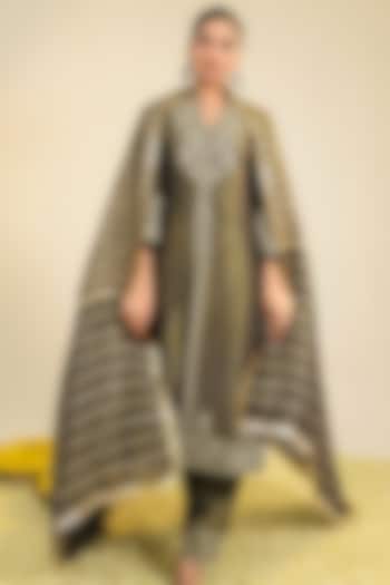 Charcoal Black Tissue Zari Embroidered Straight Kurta Set by RoohbyRidhimaa at Pernia's Pop Up Shop