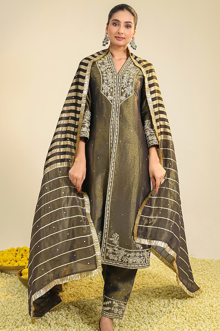 Charcoal Black Tissue Zari Embroidered Straight Kurta Set by RoohbyRidhimaa at Pernia's Pop Up Shop