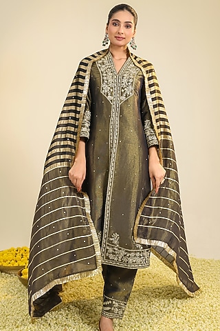 Charcoal Black Tissue Zari Embroidered Straight Kurta Set by RoohbyRidhimaa
