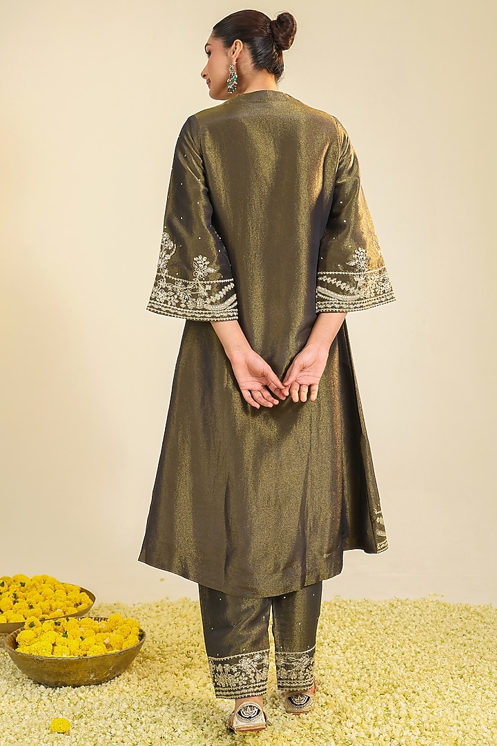 Charcoal Black Tissue Zari Embroidered Straight Kurta Set by RoohbyRidhimaa at Pernia's Pop Up Shop