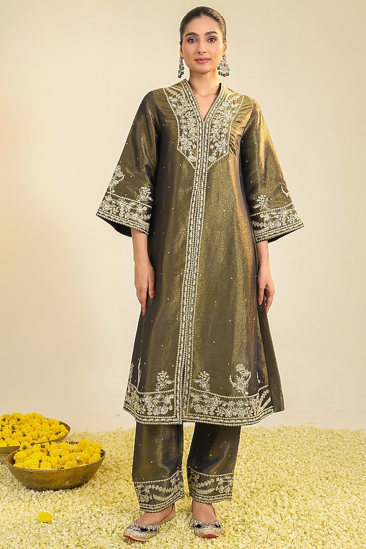 Charcoal Black Tissue Zari Embroidered Straight Kurta Set by RoohbyRidhimaa at Pernia's Pop Up Shop