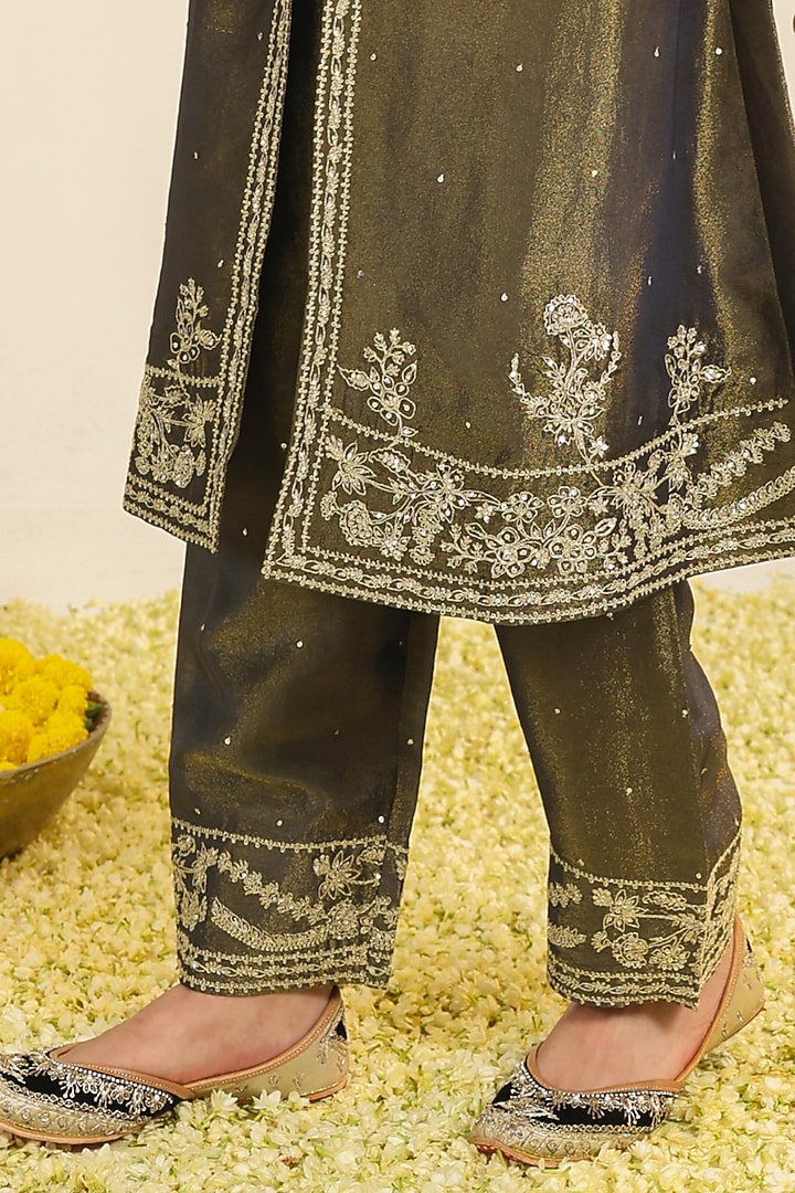 Charcoal Black Tissue Zari Embroidered Straight Kurta Set by RoohbyRidhimaa at Pernia's Pop Up Shop