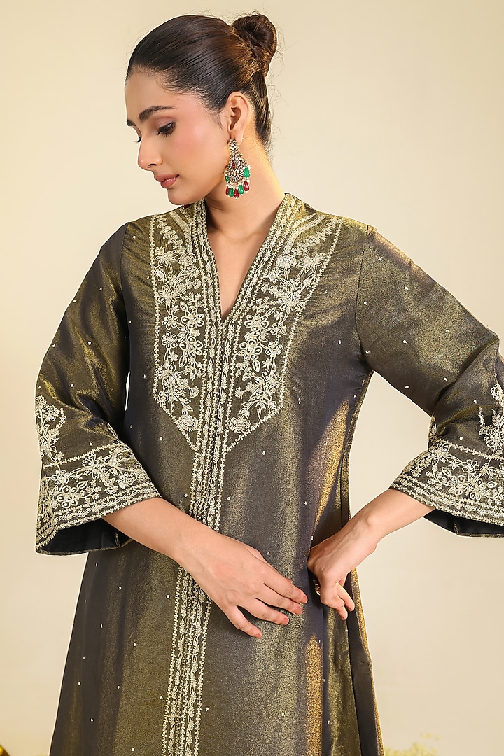 Charcoal Black Tissue Zari Embroidered Straight Kurta Set by RoohbyRidhimaa at Pernia's Pop Up Shop