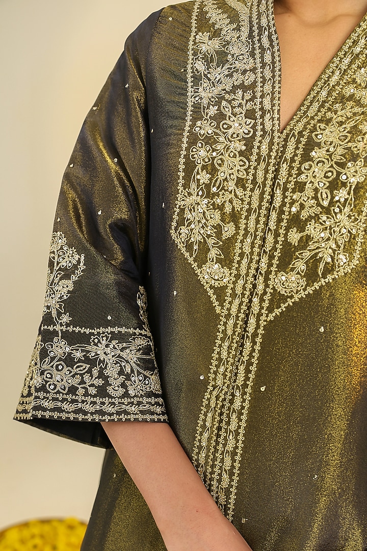 Charcoal Black Tissue Zari Embroidered Straight Kurta Set by RoohbyRidhimaa at Pernia's Pop Up Shop