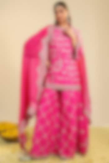 Fuchsia Pink Viscose Raw Silk Embroidered Kurta Set by RoohbyRidhimaa at Pernia's Pop Up Shop