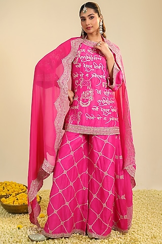 Fuchsia Pink Viscose Raw Silk Embroidered Kurta Set by RoohbyRidhimaa