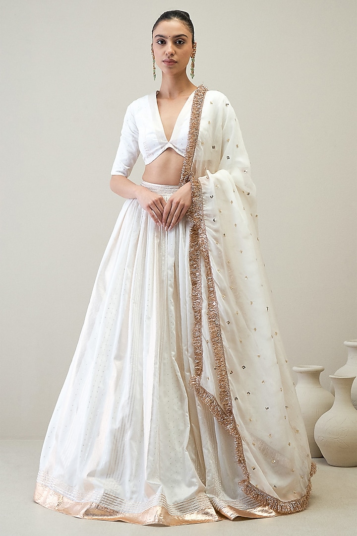 White Chanderi Sequin Hand Embroidered Wedding Lehenga Set by RoohbyRidhimaa at Pernia's Pop Up Shop