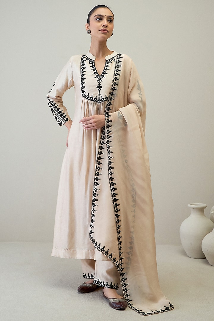 Beige Viscose Raw Silk Resham Embroidered Kurta Set by RoohbyRidhimaa