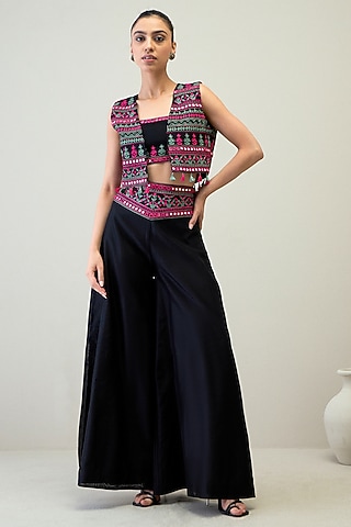 Black Silk Chanderi Resham Work Palazzo Pant Set by RoohbyRidhimaa