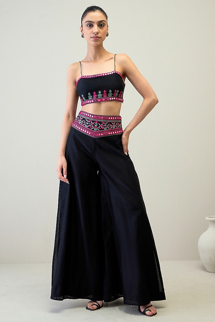 Black Silk Chanderi Resham Work Palazzo Pant Set by RoohbyRidhimaa at Pernia's Pop Up Shop