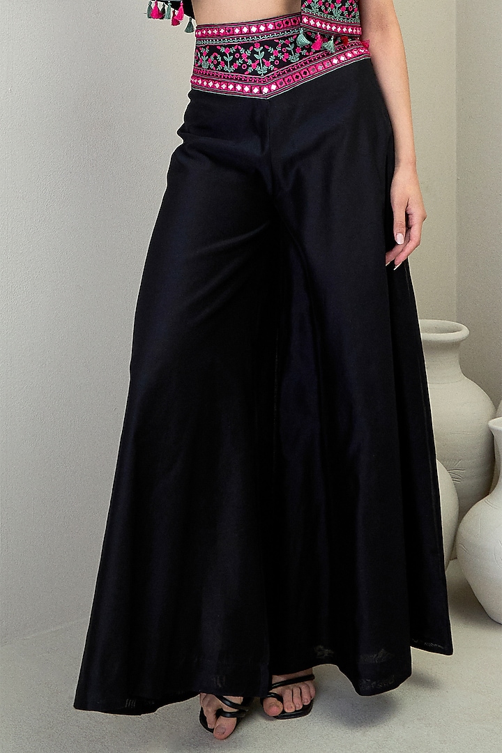 Black Silk Chanderi Resham Work Palazzo Pant Set by RoohbyRidhimaa at Pernia's Pop Up Shop