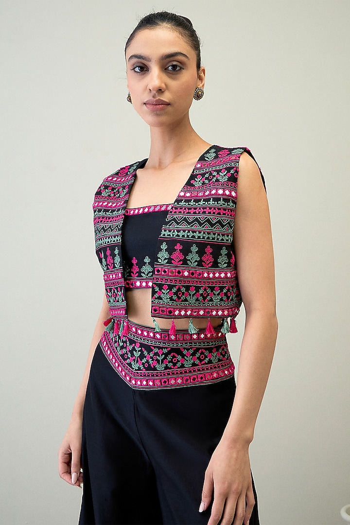 Black Silk Chanderi Resham Work Palazzo Pant Set by RoohbyRidhimaa at Pernia's Pop Up Shop