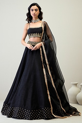 Black Viscose Raw Silk Hand Embroidered Lehenga Set by RoohbyRidhimaa