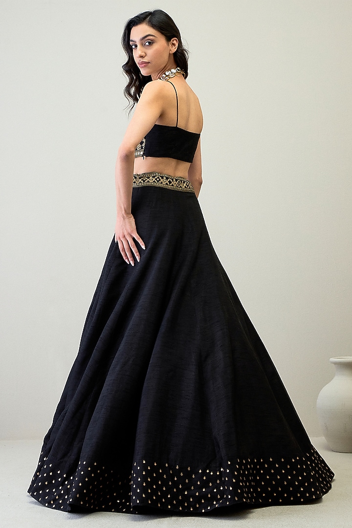 Black Viscose Raw Silk Hand Embroidered Wedding Lehenga Set by RoohbyRidhimaa at Pernia's Pop Up Shop