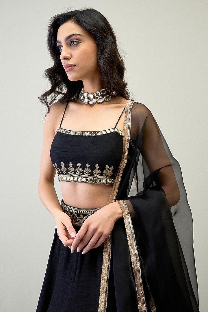 Black Viscose Raw Silk Hand Embroidered Wedding Lehenga Set by RoohbyRidhimaa at Pernia's Pop Up Shop