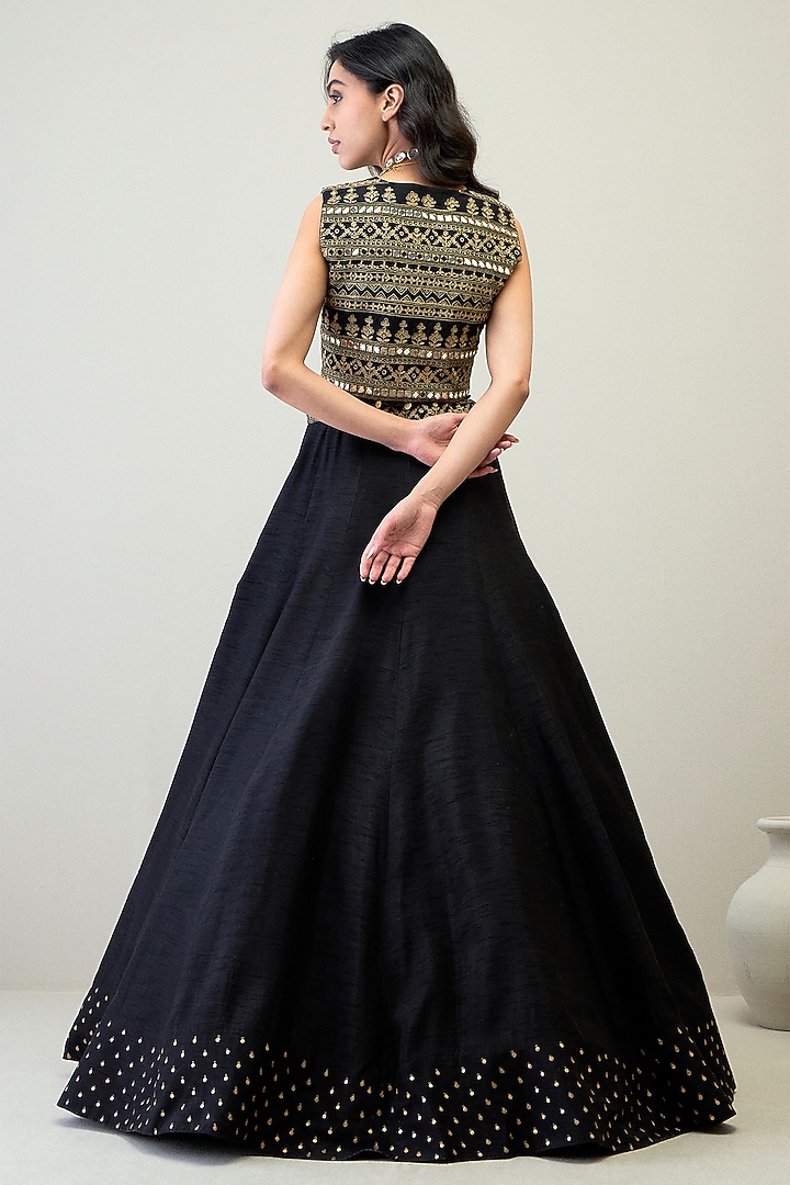 Black Viscose Raw Silk Zari Work Jacket Wedding Lehenga Set by RoohbyRidhimaa at Pernia's Pop Up Shop