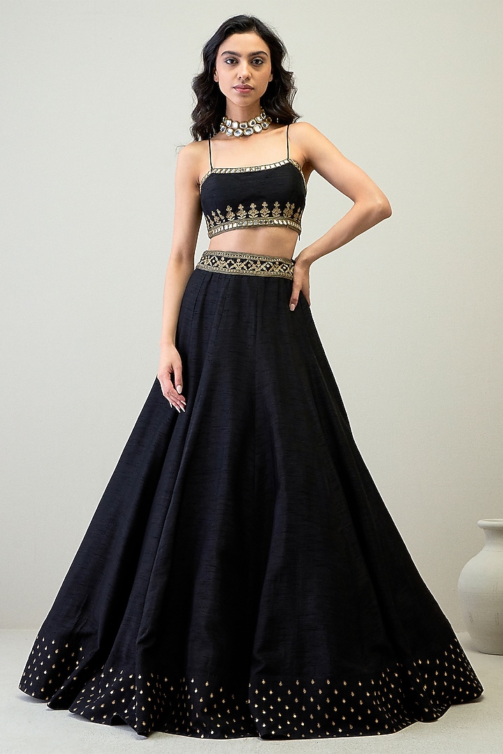 Black Viscose Raw Silk Zari Work Jacket Wedding Lehenga Set by RoohbyRidhimaa at Pernia's Pop Up Shop