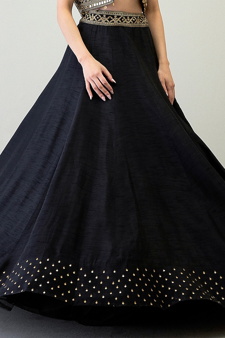 Black Viscose Raw Silk Zari Work Jacket Wedding Lehenga Set by RoohbyRidhimaa at Pernia's Pop Up Shop