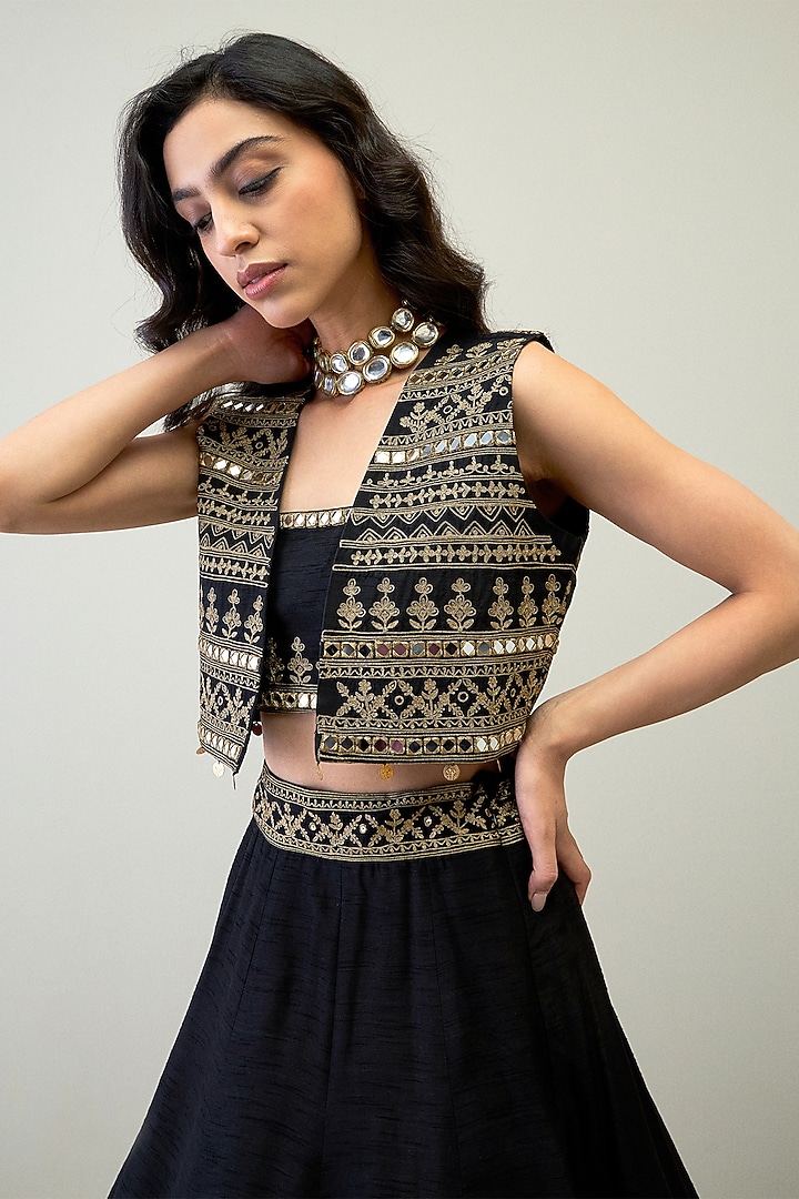 Black Viscose Raw Silk Zari Work Jacket Wedding Lehenga Set by RoohbyRidhimaa at Pernia's Pop Up Shop